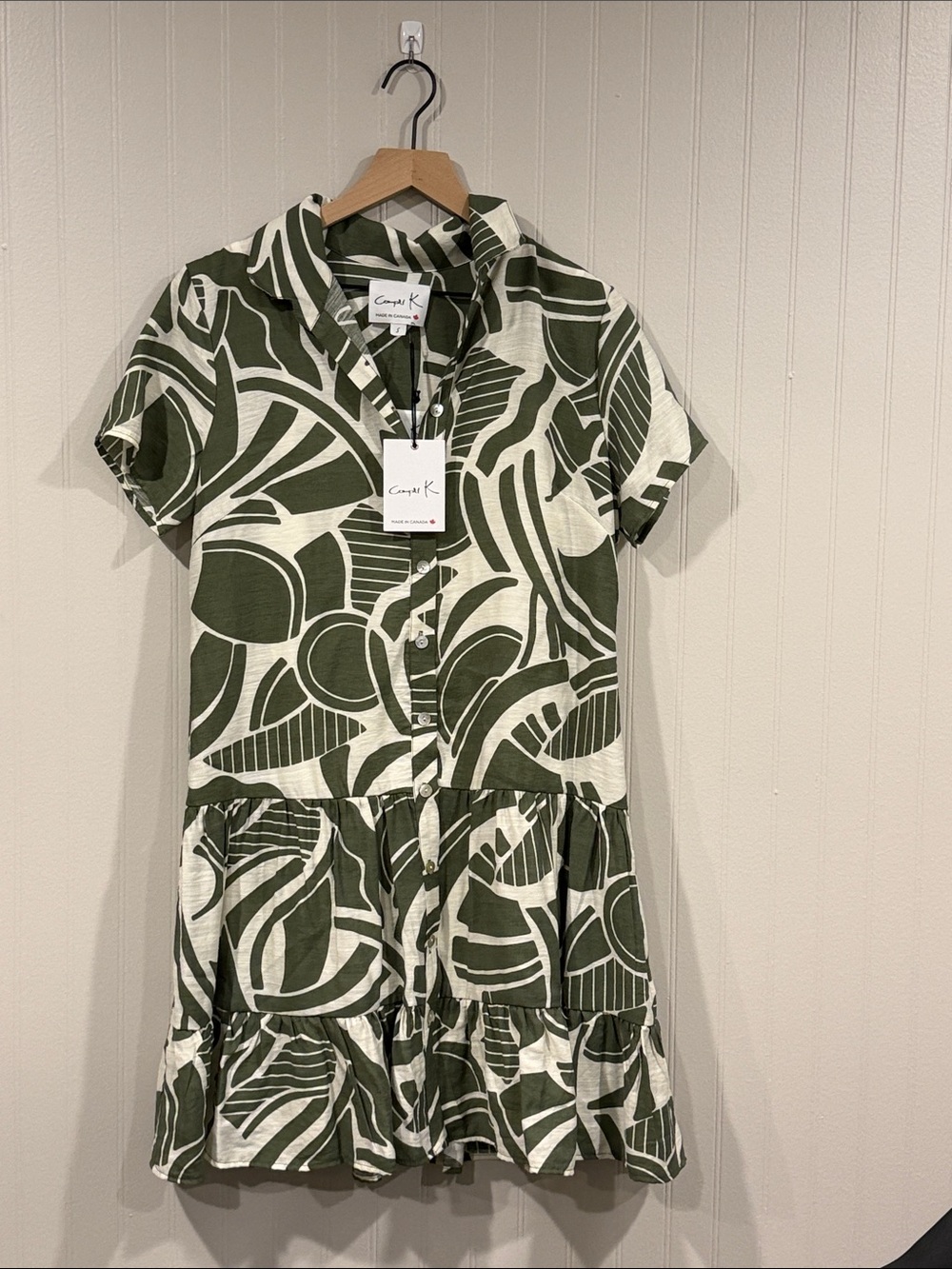 Olive & White Printed Button-Front Mini Dress